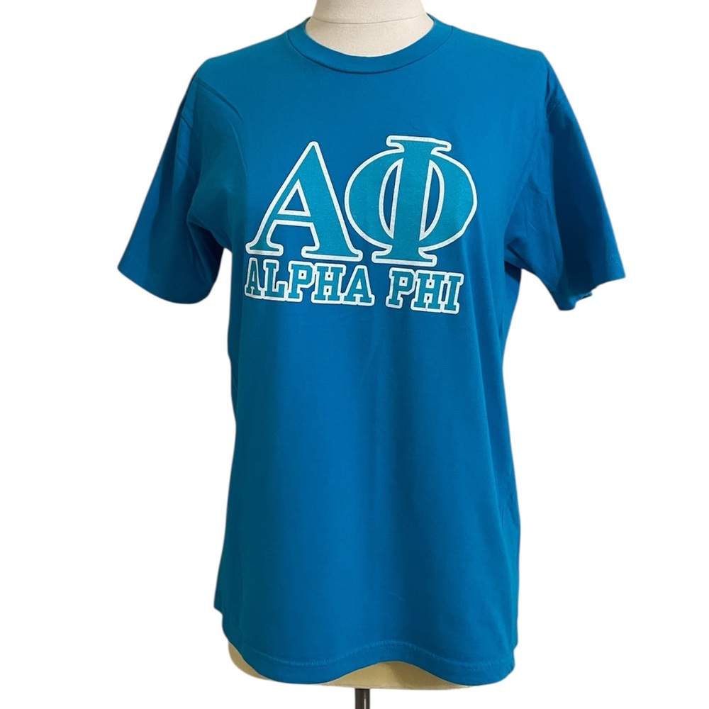 ALPHA PHI Absolutely Blue and White Short Sleeve Tee Size Medium